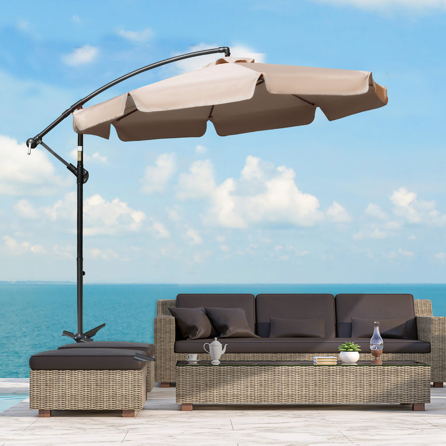 2.7m Cantilever Parasol Banana Sun Umbrella with Crank Handle and Cross Base for Outdoor Hanging Sun Shade Light Brown