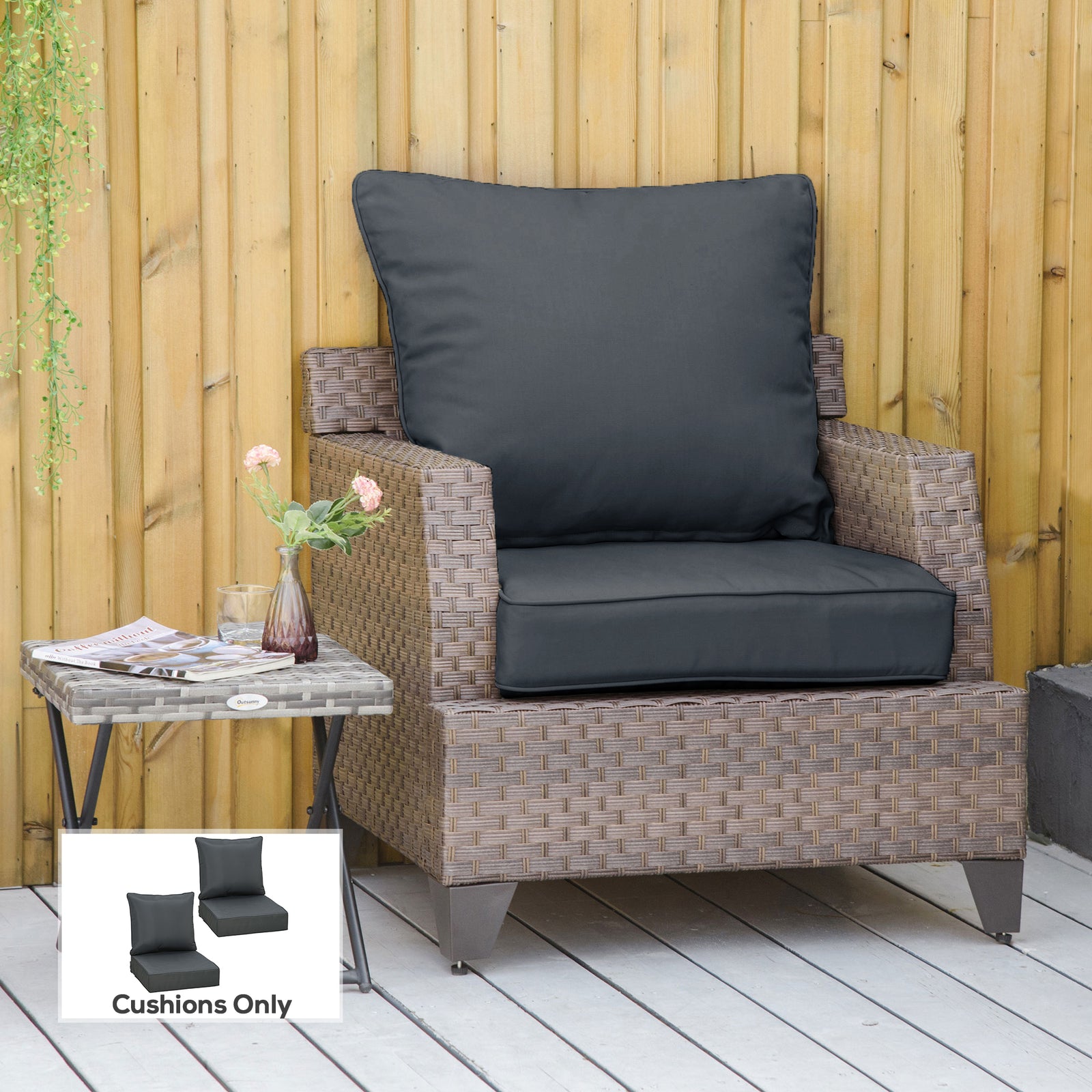 Outdoor Seat and Back Cushion Sets, 63L x 55W x 15Dcm Olefin Patio Deep Seating Chair Fade Resistant Replacement Cushion for Rattan Sofa, Indoor or Outdoor Furniture, Dark Grey