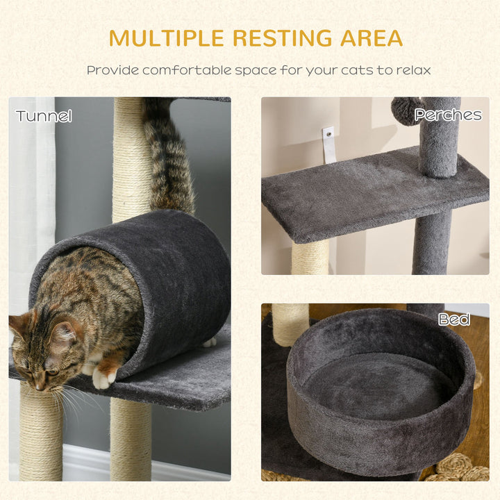 121cm Cat Tree Tower for Indoor Cats Kitten Activity Centre Scratching Post with Bed Tunnel Perch Interactive Ball Toy Grey