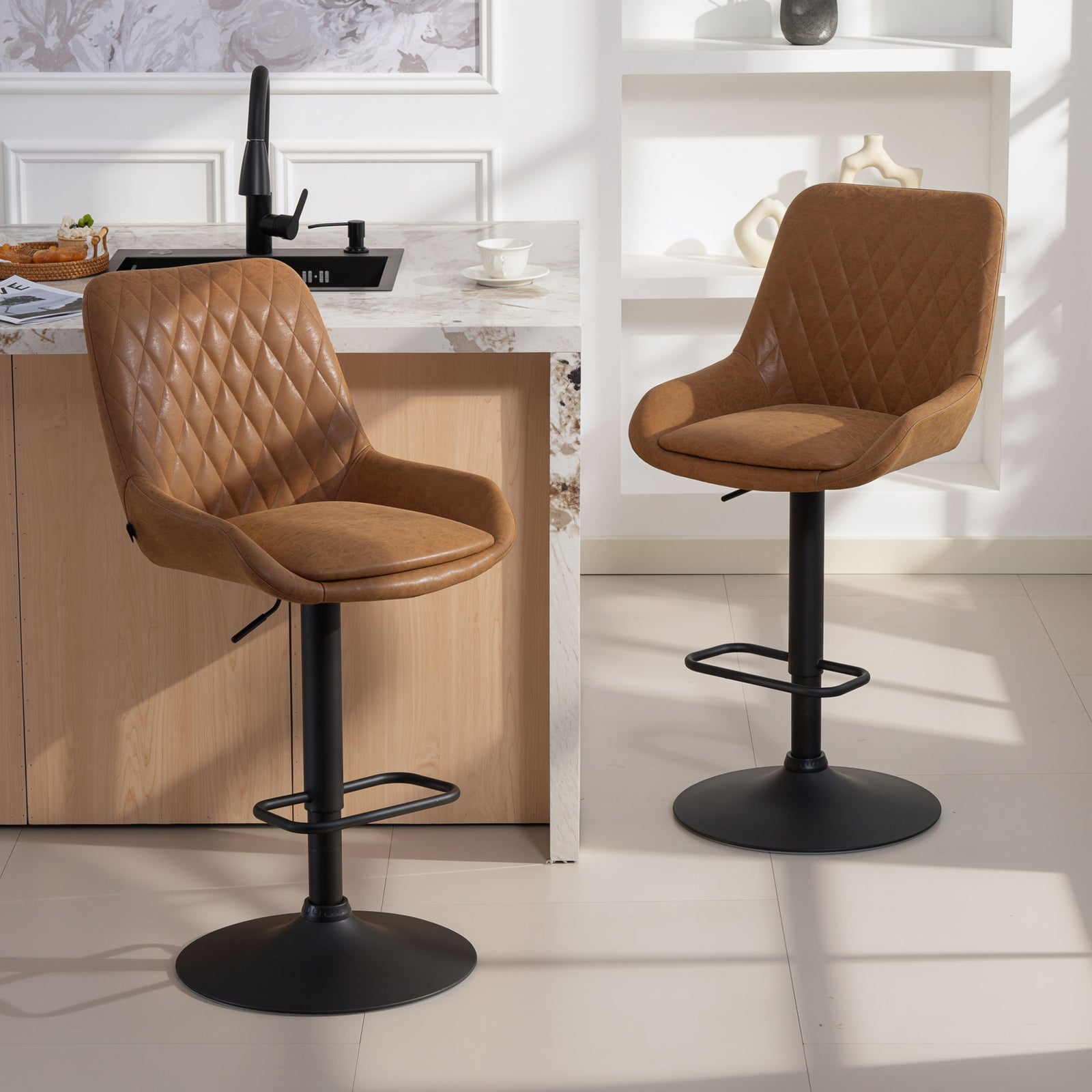 Set of Two Faux Leather Retro Bar Stools - Orange