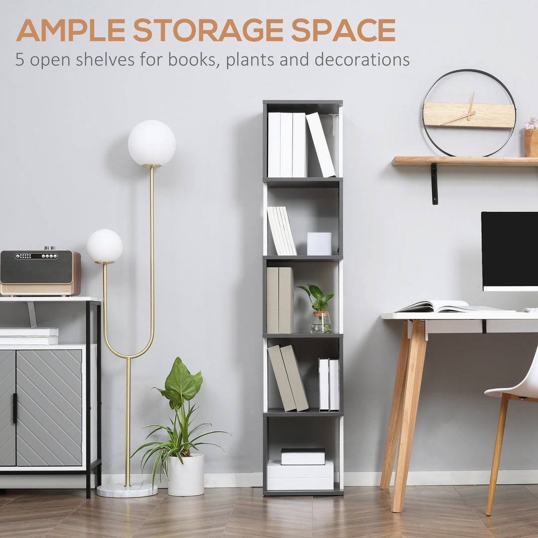Modern 5-Tier Bookshelf, Freestanding Bookcase Storage Shelving for Living Room Home Office Study, White and Dark Grey
