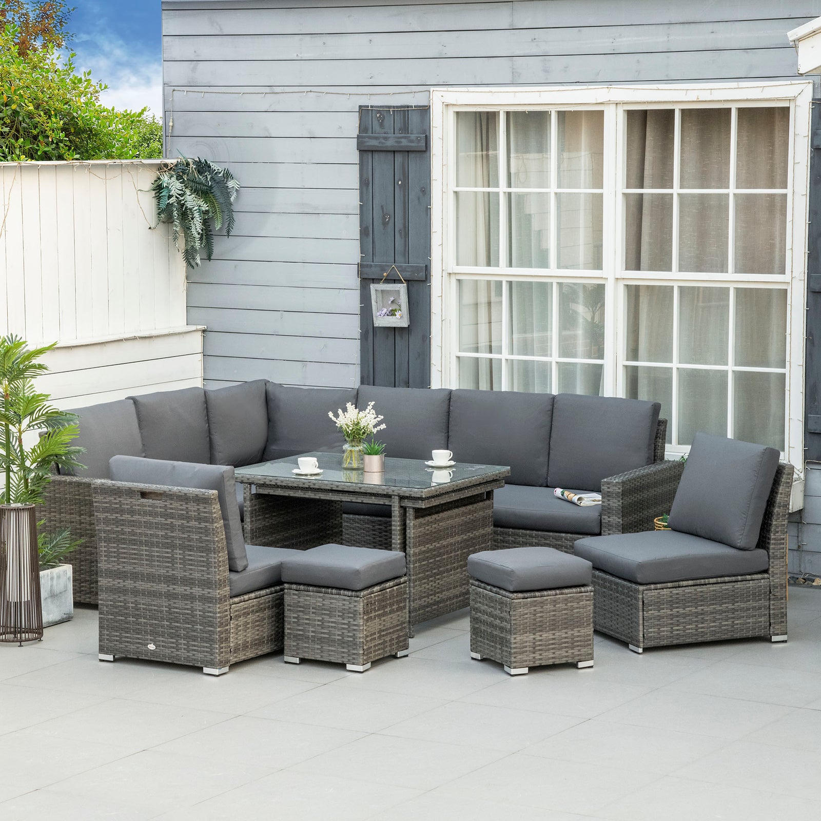 Seven-Piece Rattan Garden Sofa Set, with Expanding Table - Grey