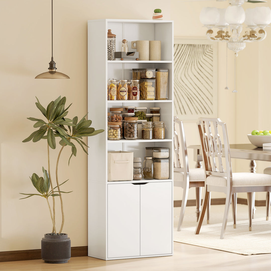 6-Tier Tall Bookcase, Bookshelf with 4 Open Shelves and Double Door Storage Cabinet, Freestanding Display Rack for Living Room, Bedroom, Home Office, Study, 59 x 29 x 180cm, White