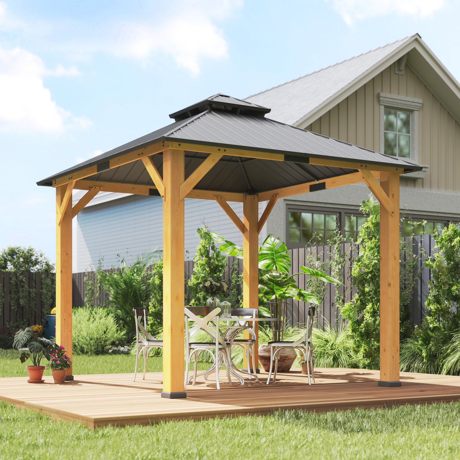 3x(3)M Outdoor Hardtop Gazebo Canopy with 2-Tier Roof and Solid Wood Frame, Outdoor Patio Shelter for Patio, Garden, Grey