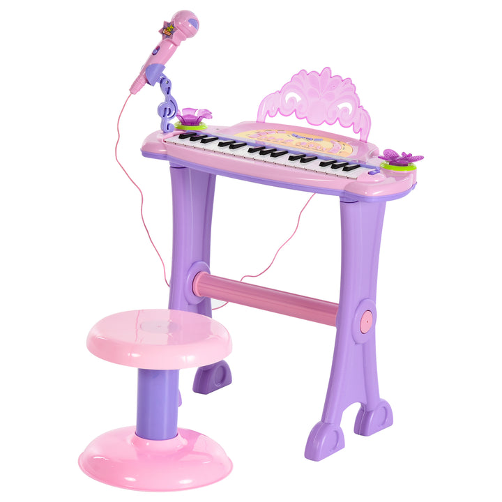 HOMCOM Electronic Organ for Kids, Mini Piano with Microphone and Stool, Interactive Music Play, Purple/Pink | Aosom UK