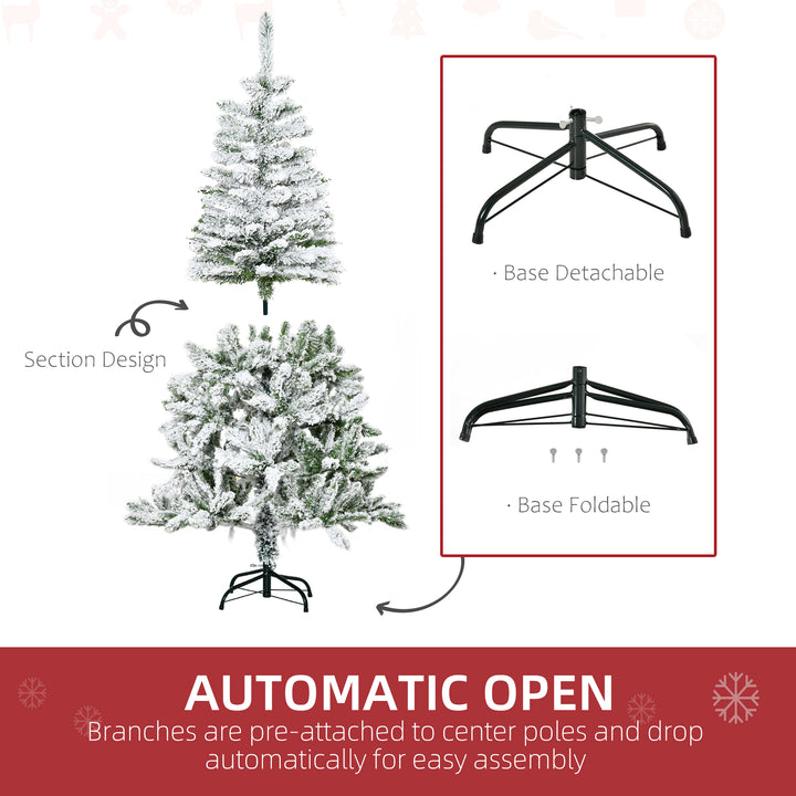 HOMCOM 5 Foot Snow Flocked Artificial Christmas Tree Xmas Pine Tree with 358 Realistic Branches, Auto Open and Steel Base, Green | Aosom UK