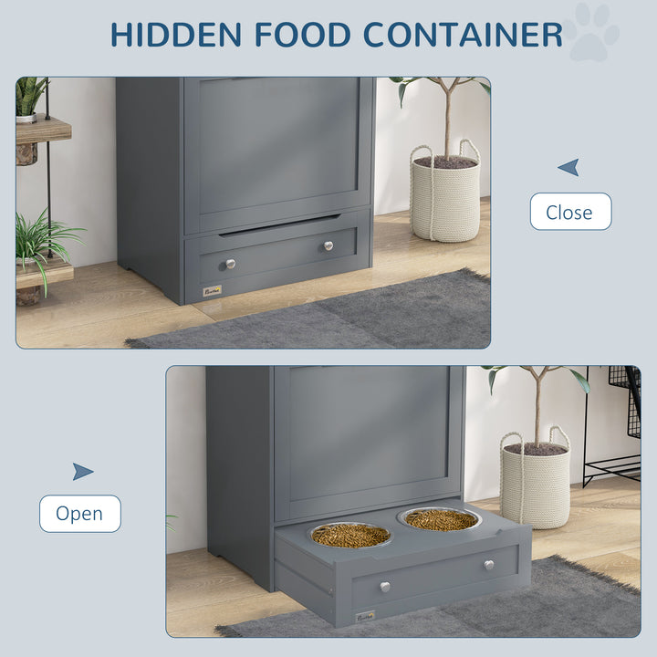 Pet Feeder Station, Dog, Cat Storage Container, with Raised Bowls, Hanger, Cabinet - Grey