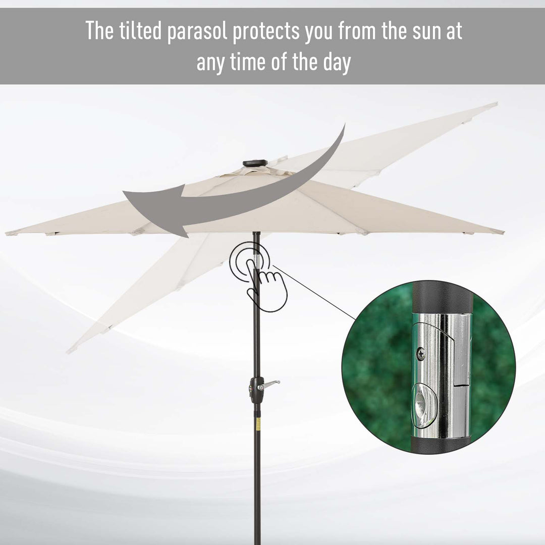 Φ2.7m Garden 24 LED Light Parasol Solar Outdoor Tilt Sun Umbrella Patio Club Party Event Manual Sun Shade w/ Hand Crank and 8 Ribs, Off-white