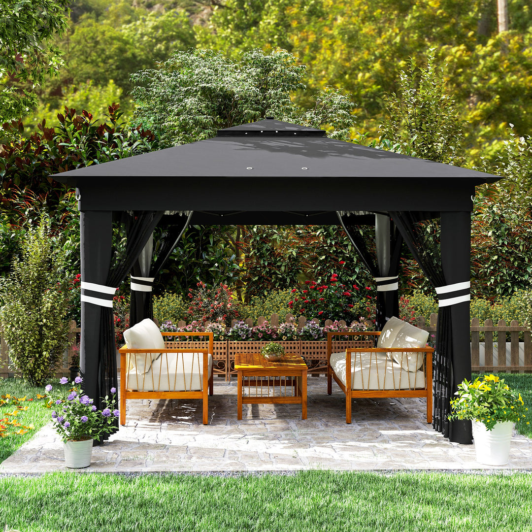 3 x 3(m) Pop Up Gazebo Party Tent with Solar-Powered LED Lights, Adjustable Event Shelter with Netting, Black