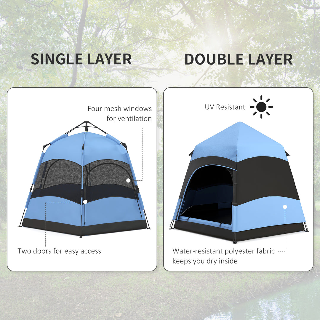 Six Man Hexagon Camping Tent with Hang Hook and Carry Bag - Blue and Black