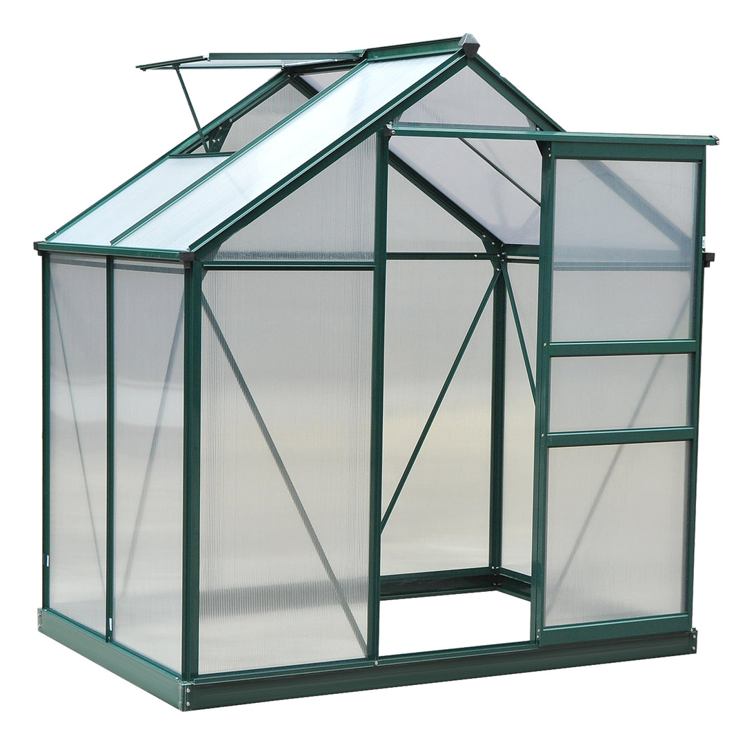6 x 4ft Polycarbonate Greenhouse, Large Walk-In Green House with Slide Door and Window, Garden Plants Grow House with Aluminium Frame and Foundation, Dark Green