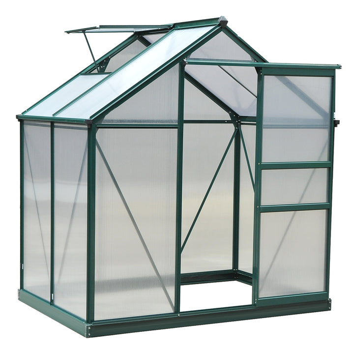 6 x 4ft Polycarbonate Greenhouse, Large Walk-In Green House with Slide Door and Window, Garden Plants Grow House with Aluminium Frame and Foundation, Dark Green