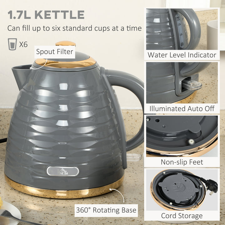 Kettle and Toaster Sets, 3000W 1.7L Rapid Boil Kettle & 4 Slice Toaster with 7 Browning Controls, Defrost, Reheat and Crumb Tray, UK Otter thermostat, Grey