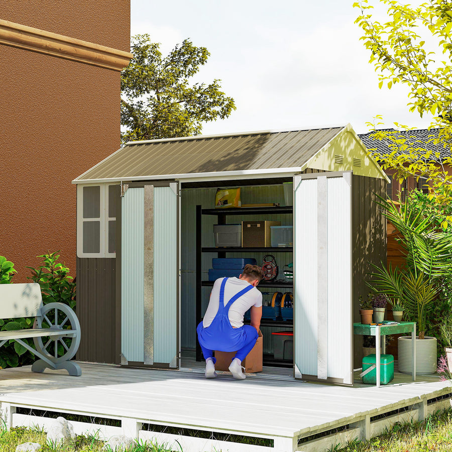 8 x 6 ft Galvanised Garden Shed, Outsoor Metal Storage Shed with Double Doors Window Air Vents for Patio, Lawn, Grey