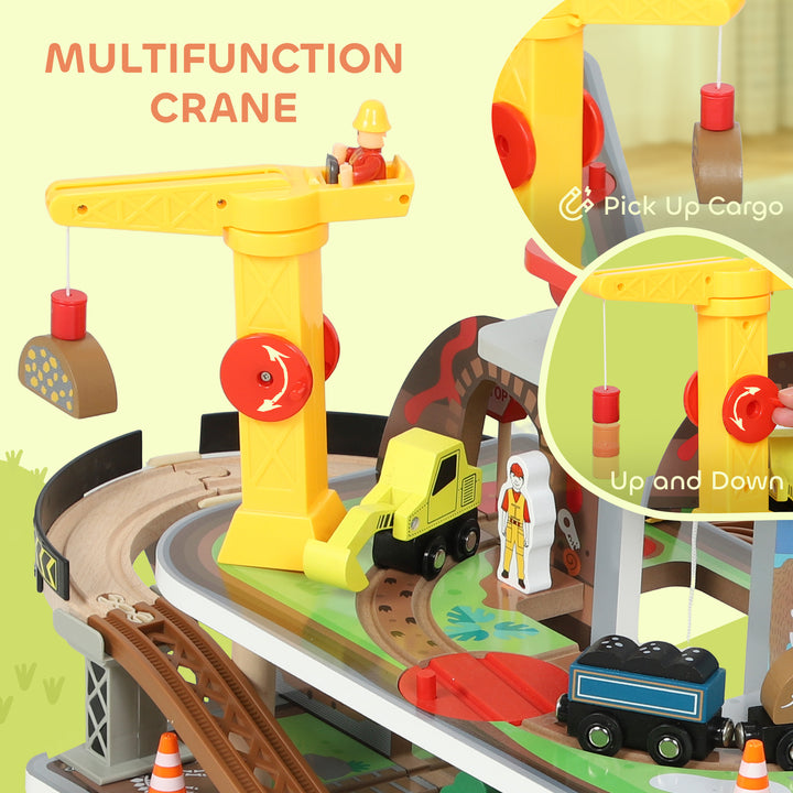 MCL 79 Piece Wooden Train Set, Kids Train Track Mine Themed with Crane, Helicopter