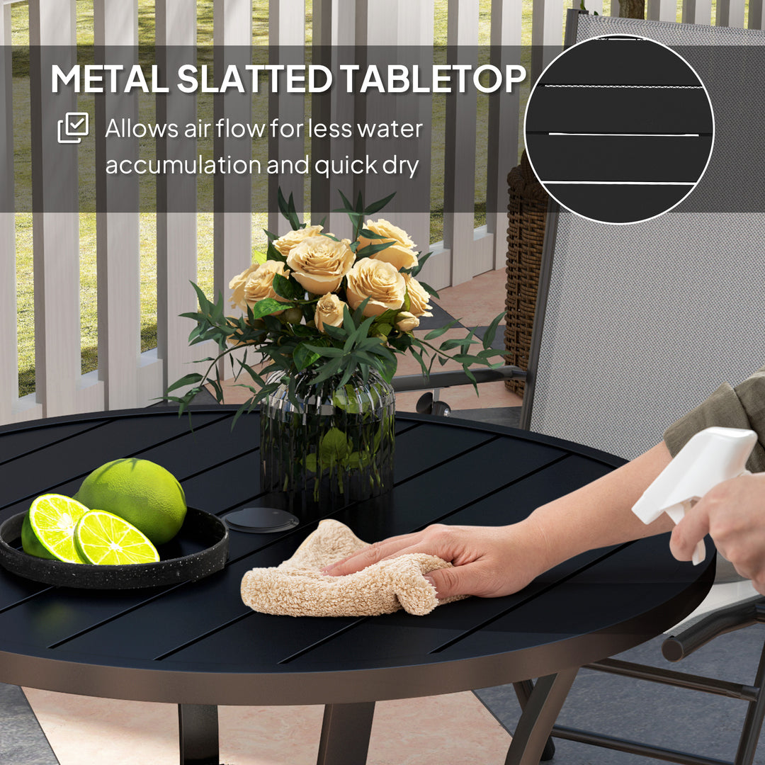 90 cm Garden Dining Table with 4-5 cm Parasol Hole, Round Outdoor Dining Table, Steel Garden Table with Slatted Metal Top and Wire Shelf for Balcony, Porch, Black