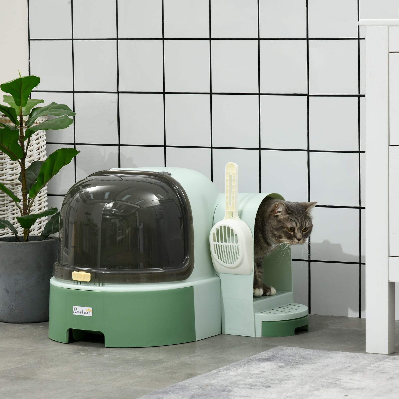 2 in 1 Cat Litter Box, with Drawer Pans, Scoop, Openable Cover - Green