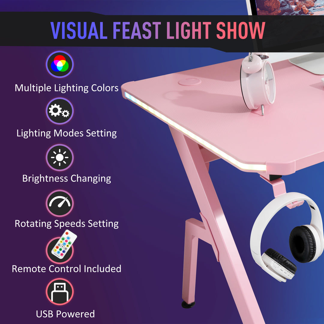 RGB 120 x 66cm Gaming Desk, Computer Table with Carbon Fibre Surface, Headphone Hook, Cup Holder, Controller Rack, Home Office Desk, Pink
