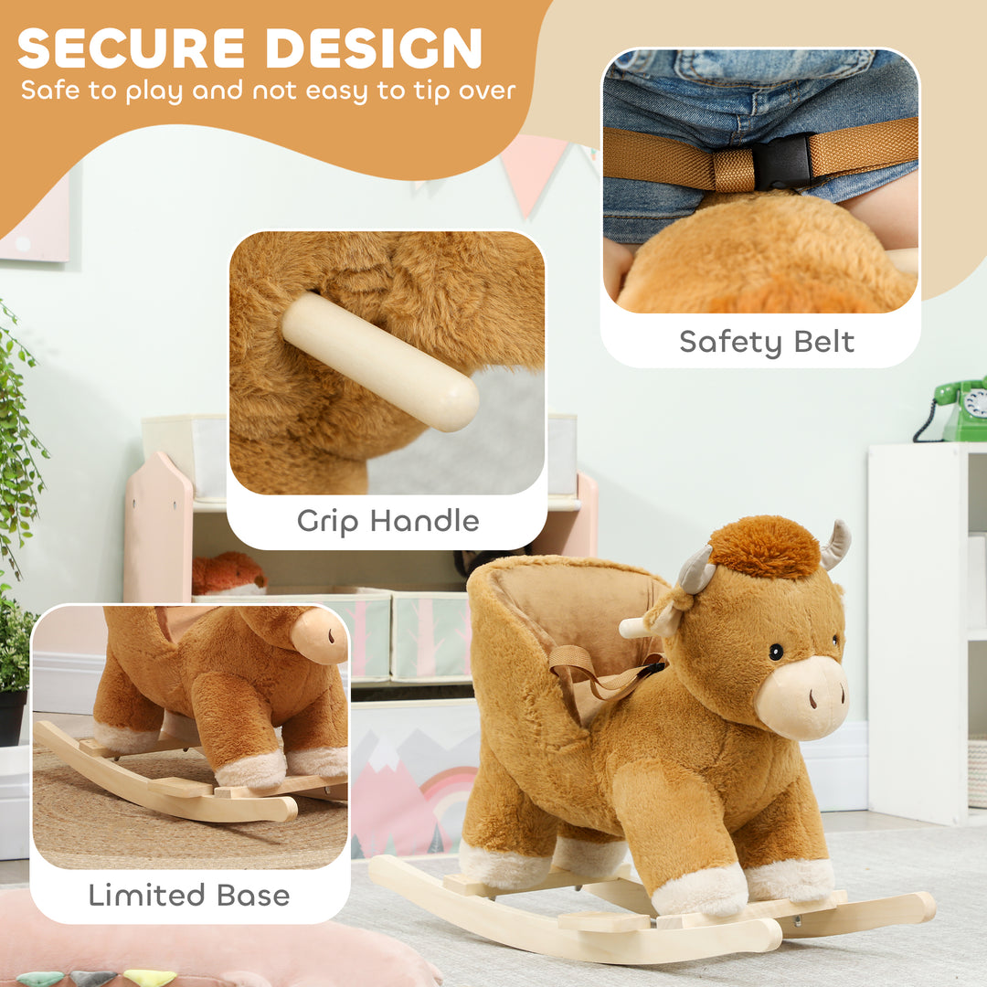 MCL Baby Rocking Horse with Safety Belt, Wood Base, Animal Rocker for Children, Brown