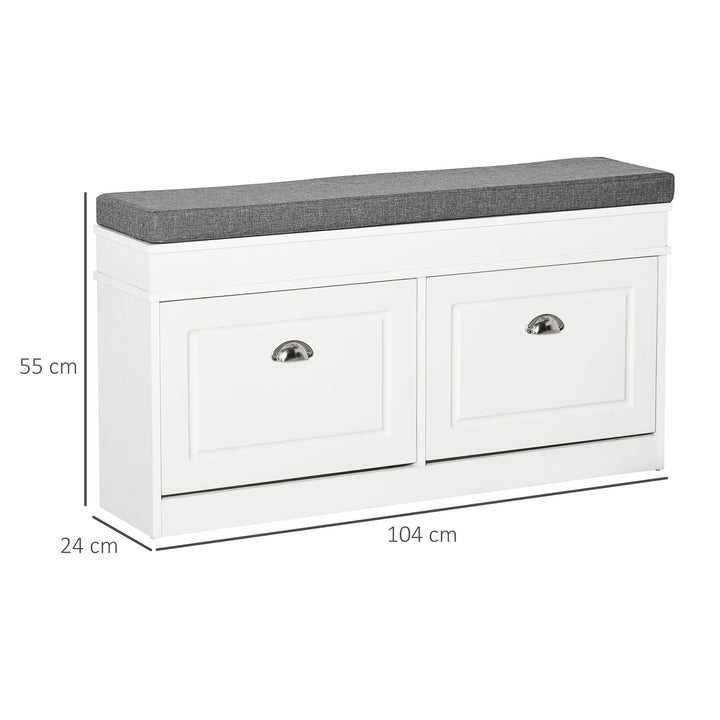 Shoe Storage Bench with Flip Drawers, Shoe Cabinet with Seat Cushion and Adjustable Shelf for Hallway, Entryway, Living Room, Bedroom, White