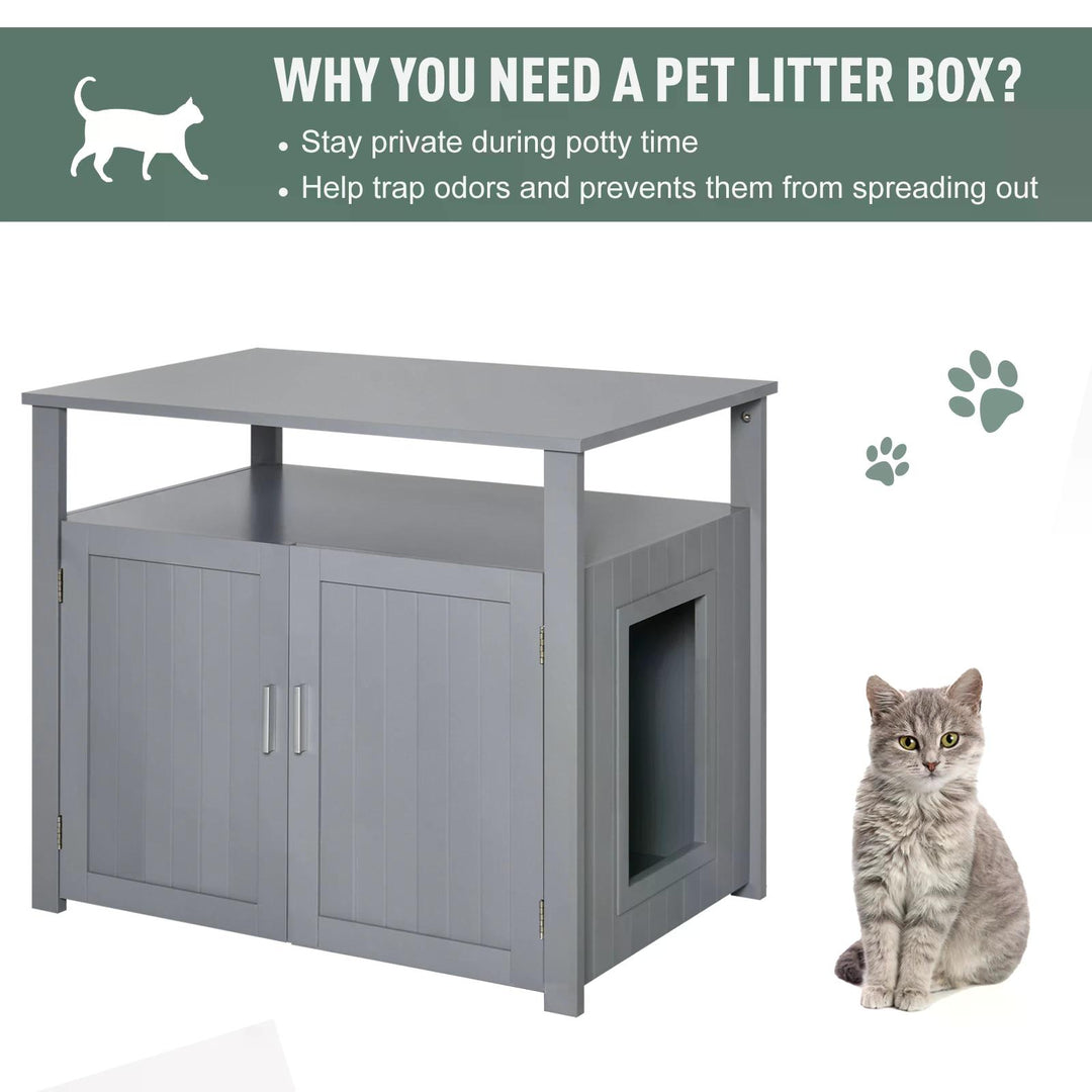 PawHut Wooden Cat Litter Box Enclosure Furniture with Adjustable Interior Wall & Large Tabletop for Nightstand, Grey | Aosom UK