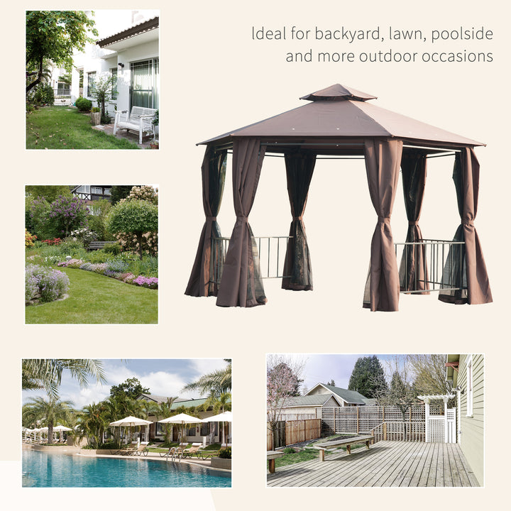 3 x 3(m) Hexagon Gazebo Patio Canopy Party Tent Outdoor Garden Shelter w/ 2 Tier Roof & Side Panel - Brown