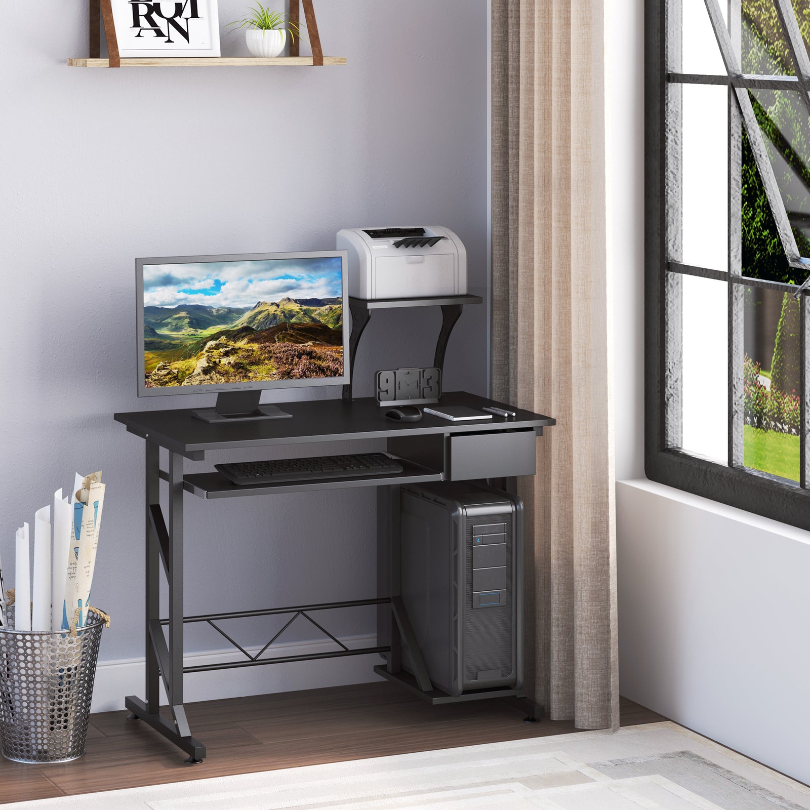 Computer Desk with Display Stand, Sliding Keyboard Tray Drawer and Host Box Shelf Home Office Workstation Black