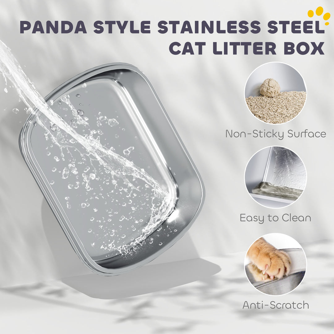Panda Style XL Stainless Steel Cat Litter Box with Lid, Enclosed Kitty Litter Box with Scoop, 60 x 40 x 45 cm