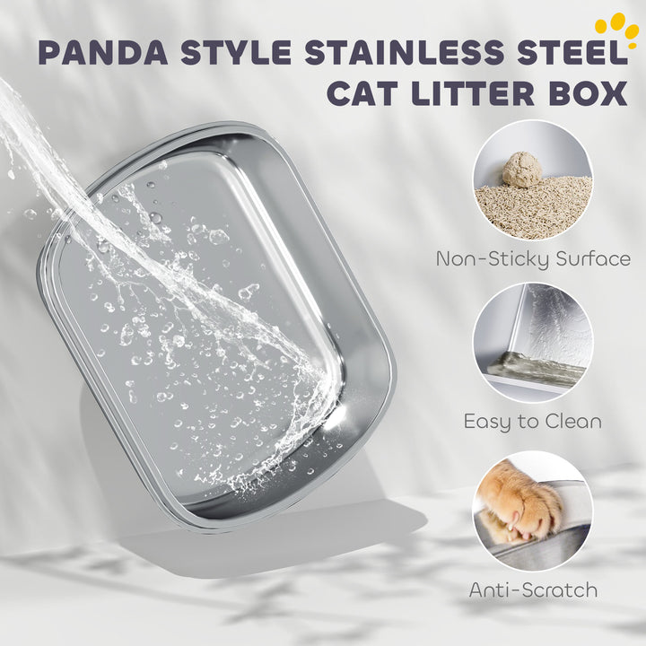 Panda Style XL Stainless Steel Cat Litter Box with Lid, Enclosed Kitty Litter Box with Scoop, 60 x 40 x 45 cm