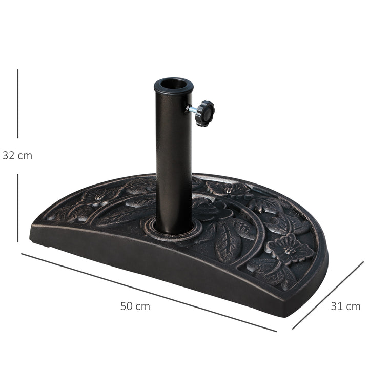 9kg Resin Parasol Base, Half Round Umbrella Stand with Floral Design for Garden, Outdoor, Suitable Umbrella Rod: Φ3.8cm, Φ4.8cm, Bronze Tone