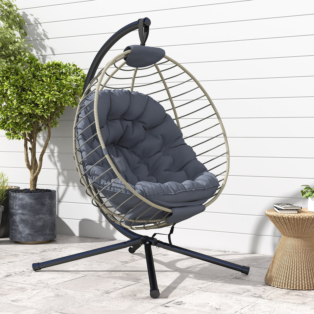 PE Rattan Swing Chair, Outdoor Hanging Chair with Metal Stand, Thick Padded Cushion, Foldable Basket and Cup Holder, for Indoor and Outdoor, Grey