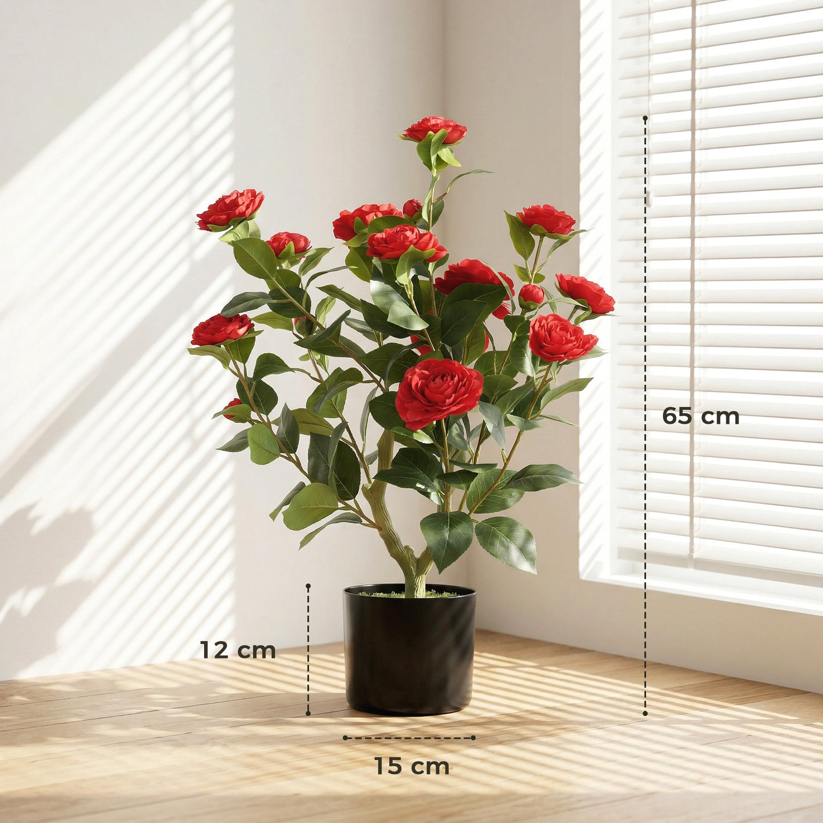 65cm Artificial Camellia Flower Plant in Pot with 116 Lush Leaves & Mo