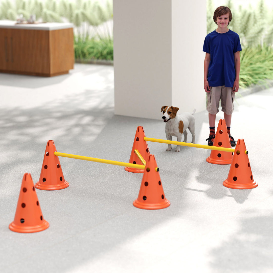 Dog Agility Equipment Set of Six Cones, Six Poles with Carry Bag, Three-Piece Adjustable Height Jumping Obstacles Orange