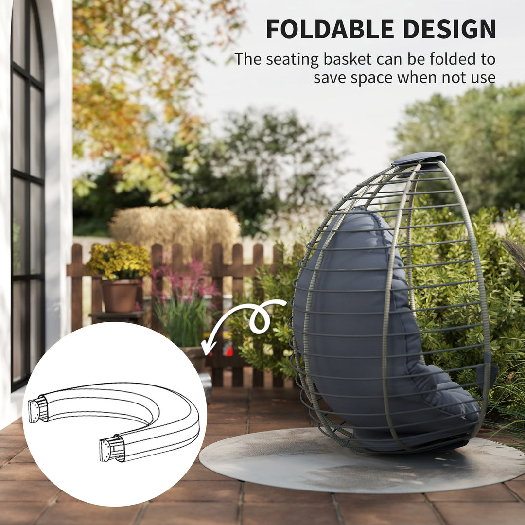 PE Rattan Swing Chair, Outdoor Hanging Chair with Metal Stand, Thick Padded Cushion, Foldable Basket and Cup Holder, for Indoor and Outdoor, Grey