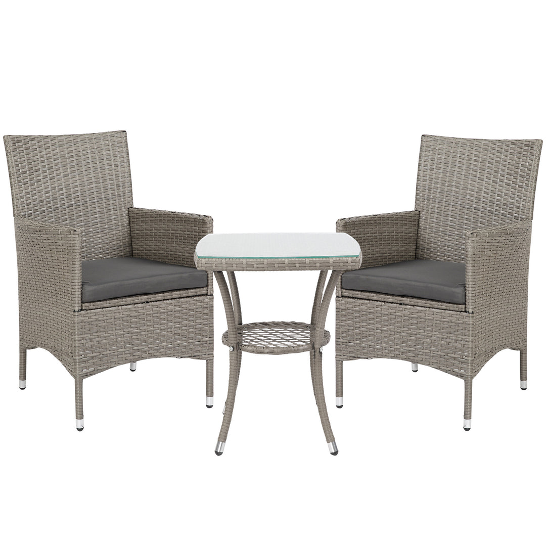 MCL 3 Pieces Rattan Bistro Set, Wicker Garden Furniture Set with 2-Tier Coffee Table and Chairs, Washable Cushions, for Outdoor Patio Balcony, Grey