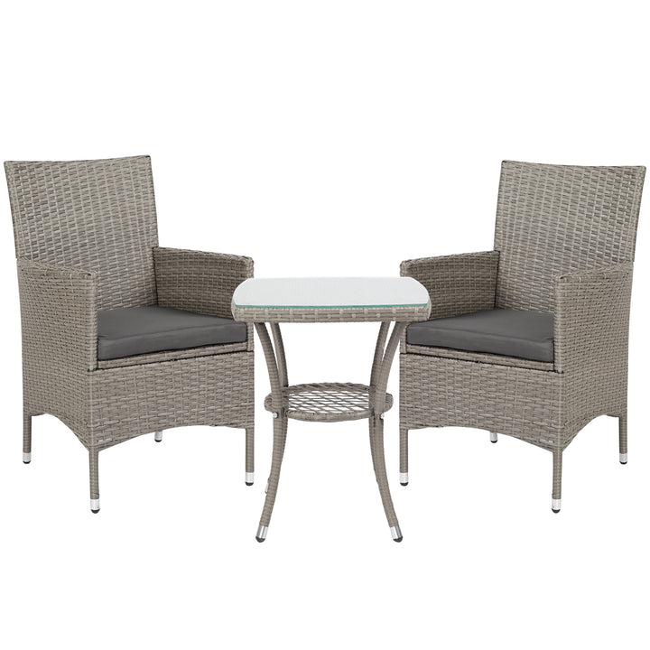 MCL 3 Pieces Rattan Bistro Set, Wicker Garden Furniture Set with 2-Tier Coffee Table and Chairs, Washable Cushions, for Outdoor Patio Balcony, Grey