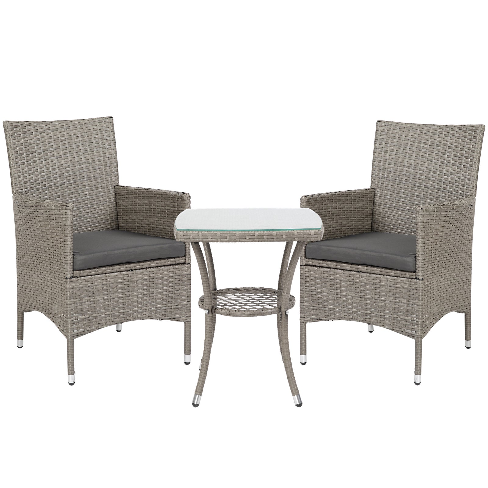 3 Pieces Rattan Bistro Set, Wicker Garden Furniture Set with 2-Tier Coffee Table and Chairs, Washable Cushions, for Outdoor Patio Balcony, Grey
