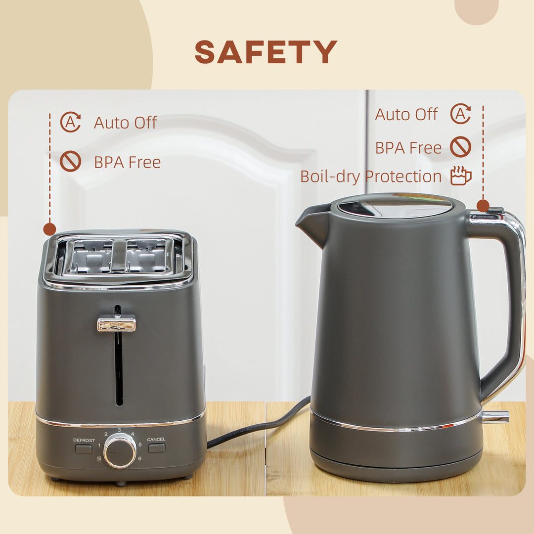 Kettle and Toaster Set, 1.7L 3000W Fast Boil Kettle & 2 Slice Toaster Kitchen Set with 6 Level Browning Controls, Defrost, Reheat, Grey