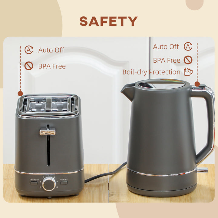 Kettle and Toaster Set, 1.7L 3000W Fast Boil Kettle & 2 Slice Toaster Kitchen Set with 6 Level Browning Controls, Defrost, Reheat, Grey