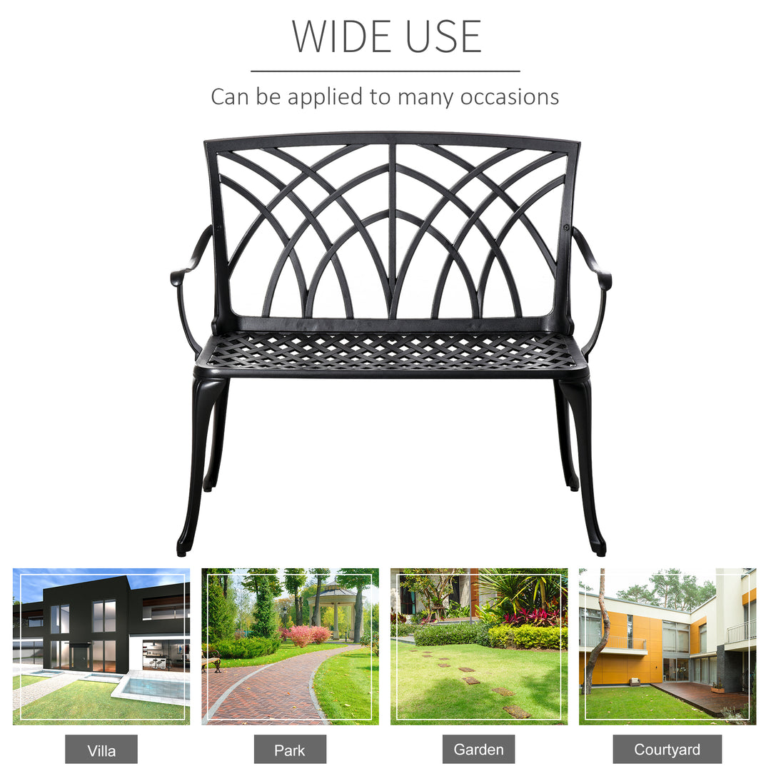 2-Seater Cast Aluminium Garden Bench Loveseat Outdoor Furniture Chair w/ Decorative Backrest & Ergonomic Armrest for Patio Terrace Porch