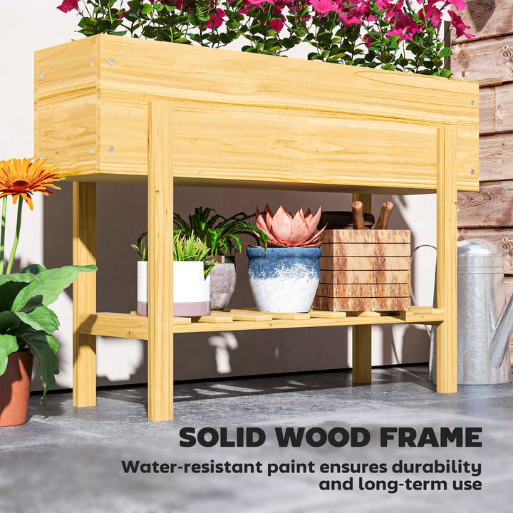 Wooden Raised Garden Bed, Elevated Planter Box with Bed Liner, Drainage Holes and Storage Shelf, Raised Planter for Vegetables, Flowers, Herbs, 100 x 30 x 71 cm, Natural Wood Finish