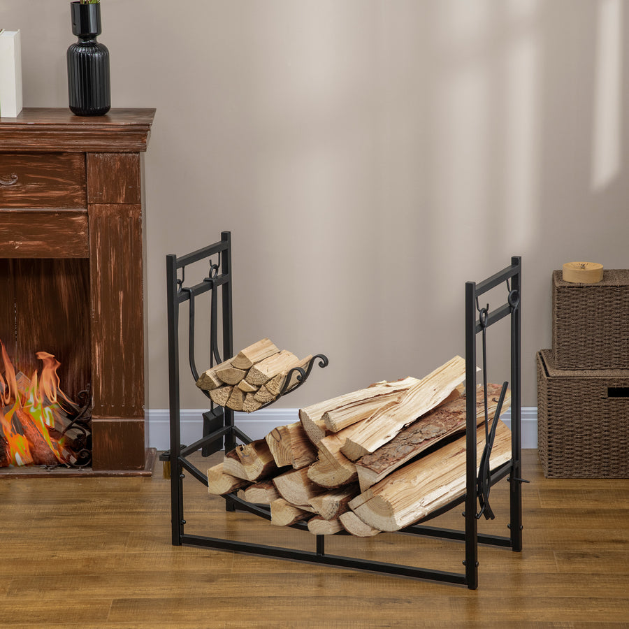 Metal Firewood Log Holder Indoor Outdoor Firewood Rack Fireplace 2 Tier Wood Storage Shelf with 4 Tools, Hooks, Scrolls, Black, 84W x 33D x 76H cm