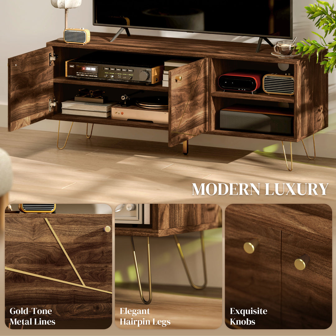 TV Stand Cabinet for up to 60 Inch TV, Modern 130cm TV Unit with Adjustable Shelves and Hairpin Legs, Double Door TV Cabinet for Living Room, Bedroom, Brown