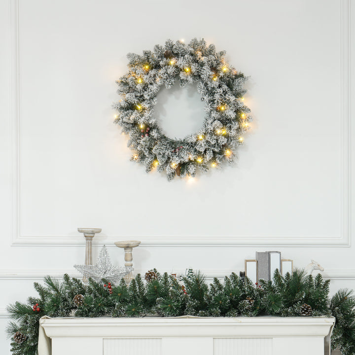 60" Snowy Pine Cone and Berry Christmas Wreath, with LED Lights