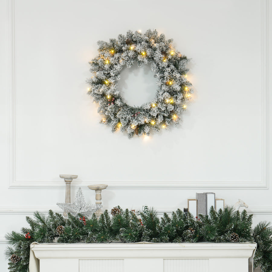 60" Snowy Pine Cone and Berry Christmas Wreath, with LED Lights
