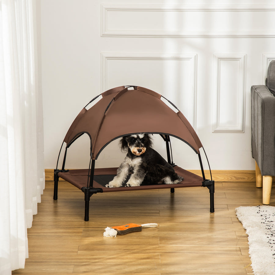 Raised Dog Bed Waterproof Elevated Pet Cot with Breathable Mesh UV Protection Canopy Brown, for Medium Dogs, 76 x 61 x 73cm