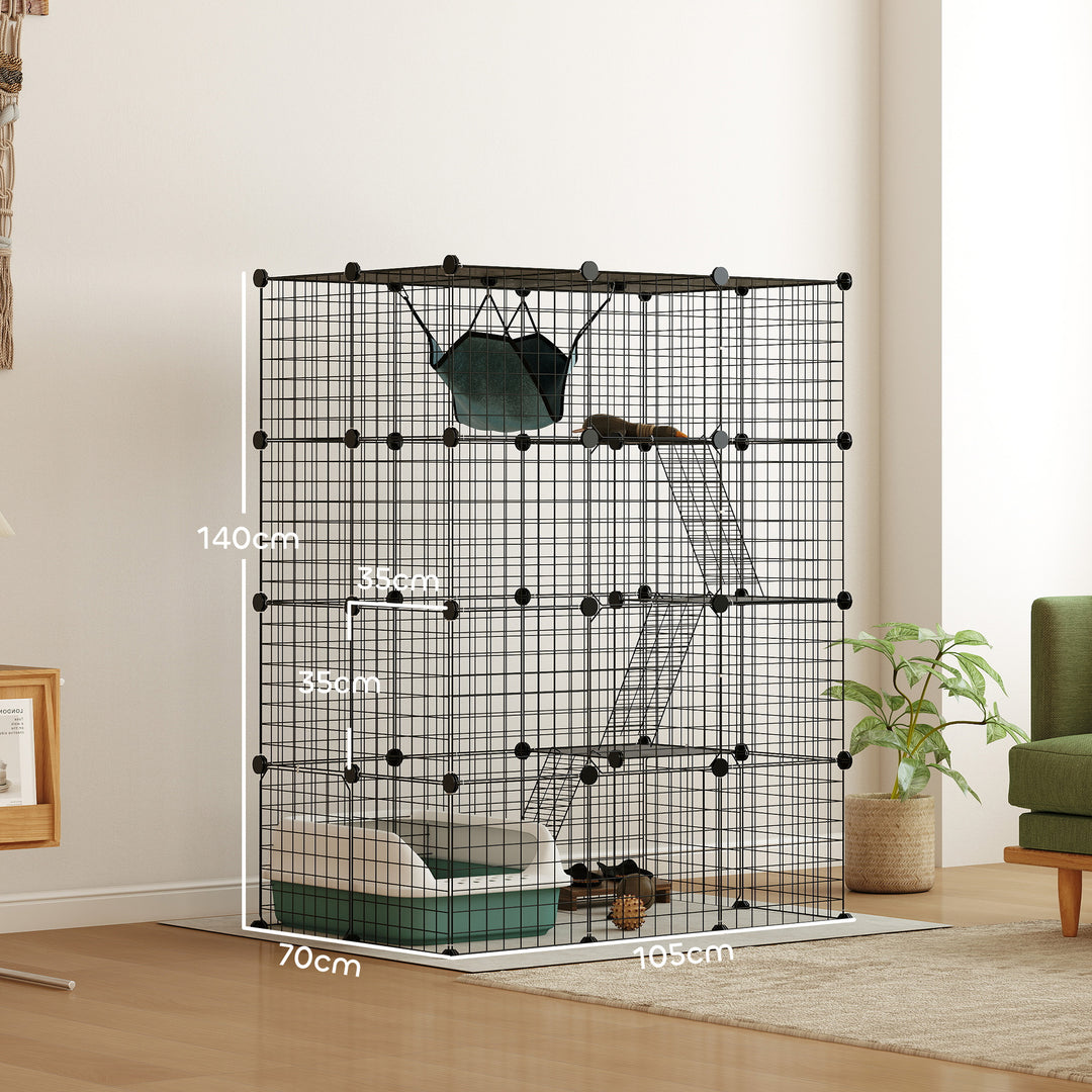 Four-Tier DIY Large Cat Cage with Hammock, Ramps, Five Doors, Indoor Use for 1-3 Cats, Black