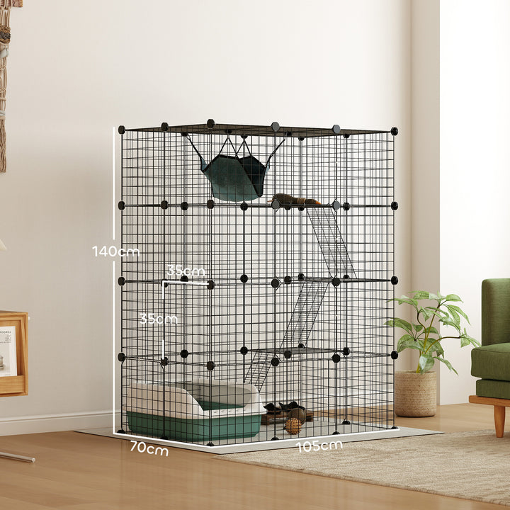 Four-Tier DIY Large Cat Cage with Hammock, Ramps, Five Doors, Indoor Use for 1-3 Cats, Black