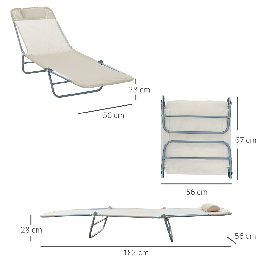 Outdoor Foldable Sun Lounger, Adjustable Backrest Garden Recliner Sun Lounger Chair with Headrest Pillow, Beige