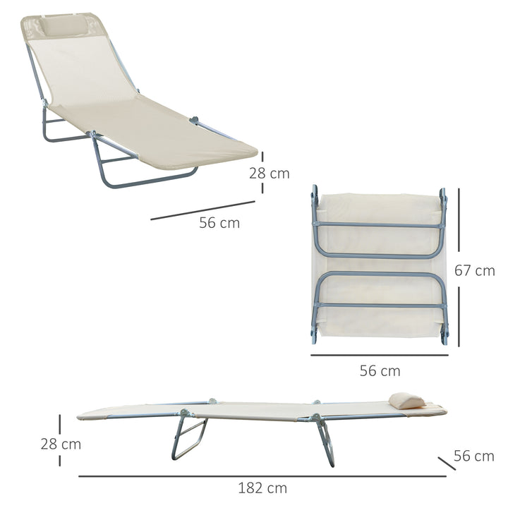 Outdoor Foldable Sun Lounger, Adjustable Backrest Garden Recliner Sun Lounger Chair with Headrest Pillow, Beige